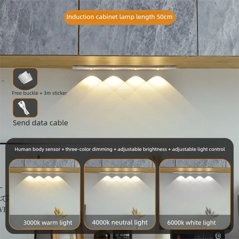 Wireless Ultra Thin Motion Sensor LED Cabinet Light USB Rechargeable Dimmable Lamp 3 Colors for Kitchen Wardrobe Bedroom Stairs