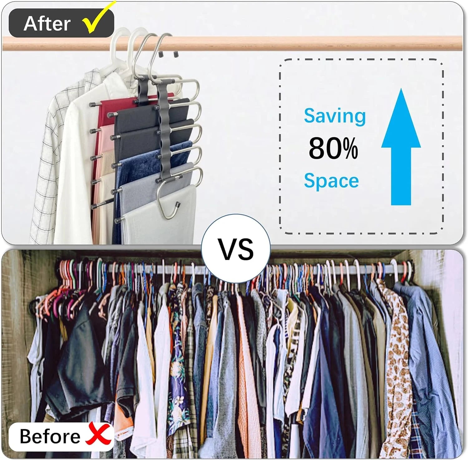 Stainless Steel Folding Pants Hanger – Multi-Layer Magic Clips & Retractable Space-Saving Organizer