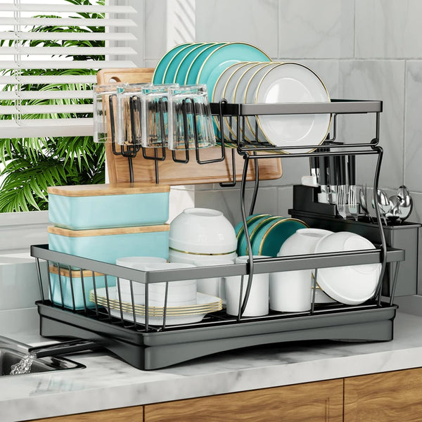 2 Tier Steel Dish Rack with Drainboard